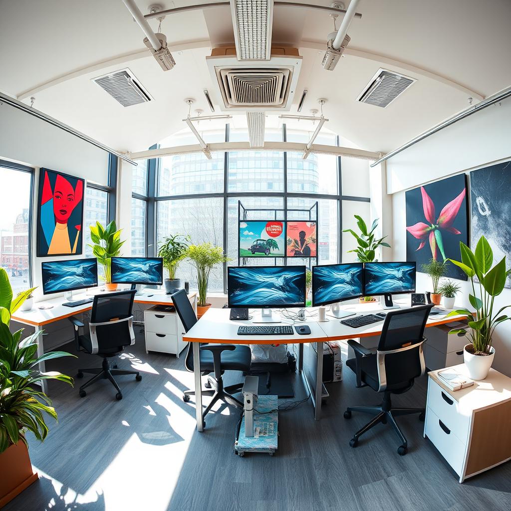 A modern and contemporary graphic design office featuring five workstations with dual-screen computers in a panoramic layout