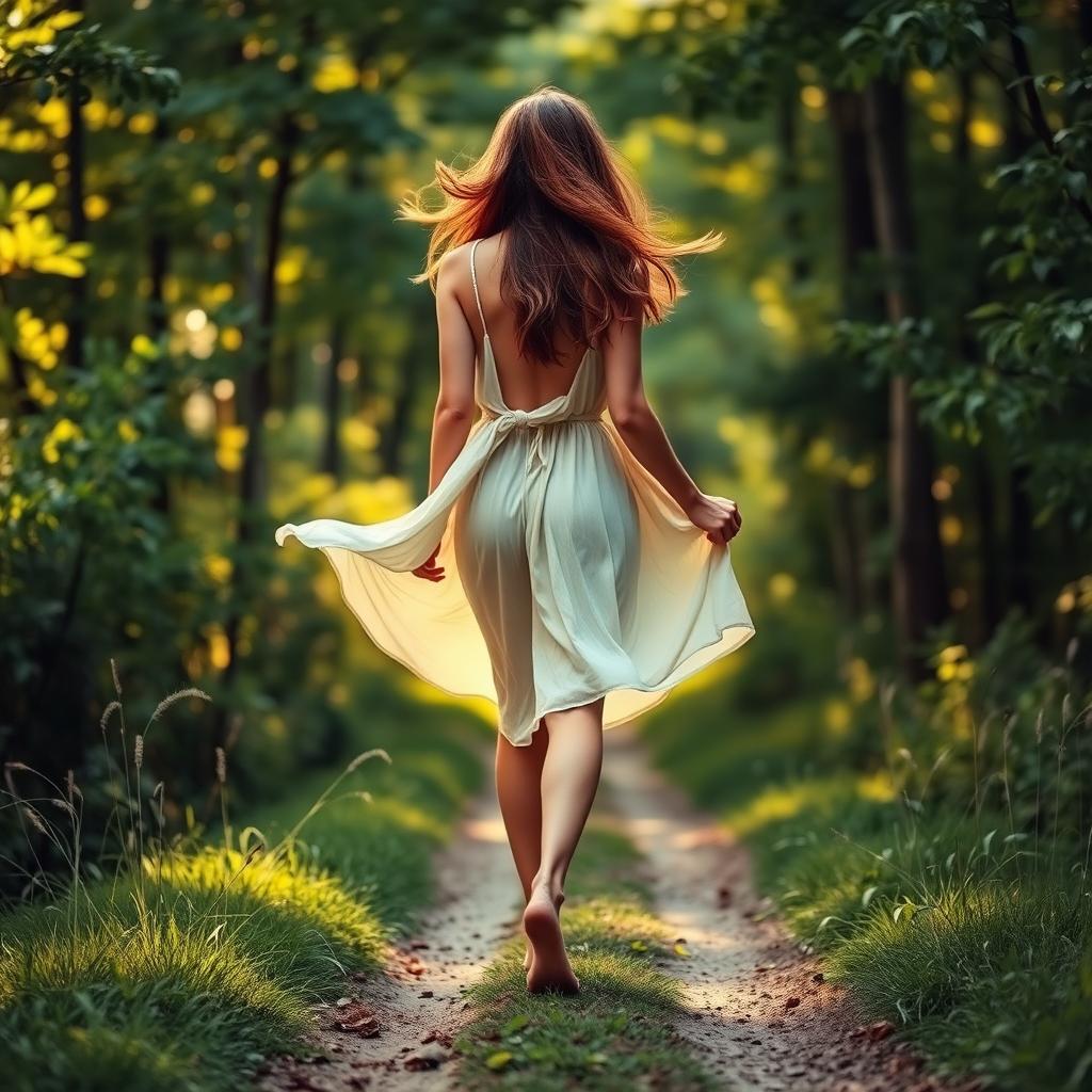 A young woman with elegant feet, depicted walking gracefully along a nature trail, capturing the essence of youthful beauty and freedom