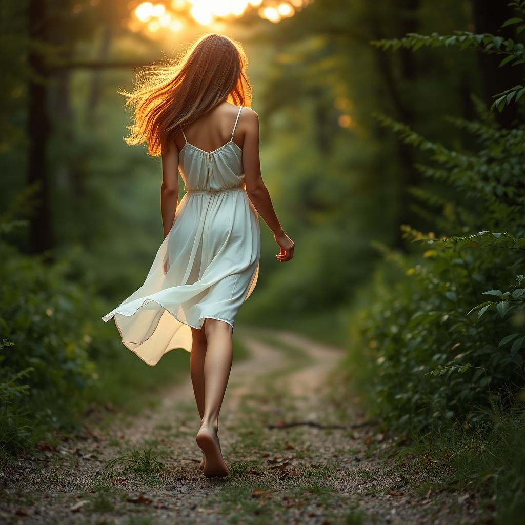 A young woman with elegant feet, depicted walking gracefully along a nature trail, capturing the essence of youthful beauty and freedom