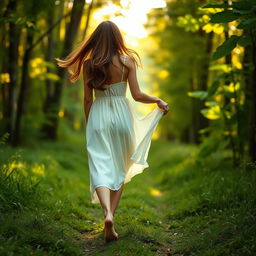 A young woman with elegant feet, depicted walking gracefully along a nature trail, capturing the essence of youthful beauty and freedom