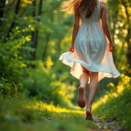 A young woman with elegant feet, depicted walking gracefully along a nature trail, capturing the essence of youthful beauty and freedom