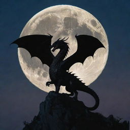 A majestic dragon silhouetted against a large, glowing full moon in a star-lit sky