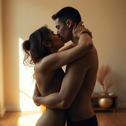 A passionate embrace between two figures, exploring the depth of human connection and intimacy, while maintaining an artistic and abstract approach