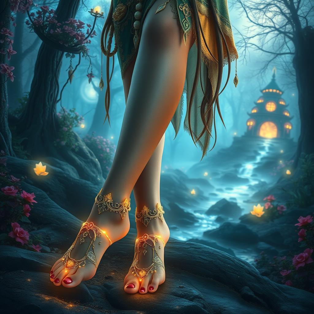 A fantasy-themed scene with an enchantingly beautiful woman, wearing mystical and alluring attire adorned with intricate details and glowing patterns