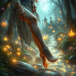 A fantasy-themed scene with an enchantingly beautiful woman, wearing mystical and alluring attire adorned with intricate details and glowing patterns