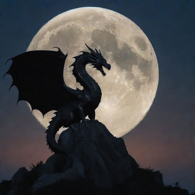 A majestic dragon silhouetted against a large, glowing full moon in a star-lit sky