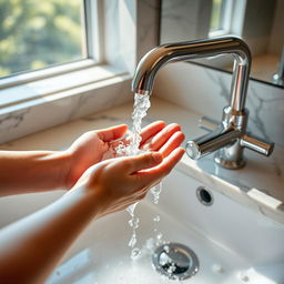 A person washing their hands under a running faucet