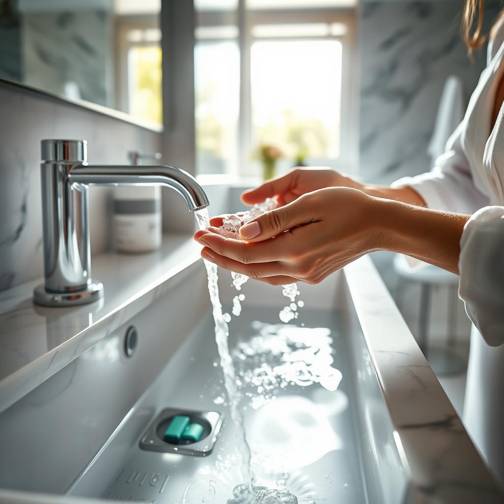 A person washing their hands under a running faucet