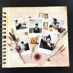 A beautifully designed scrapbook cover with an artistic collage of photographs, vintage stamps, and dried flowers, arranged in a harmonious composition