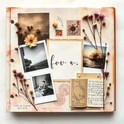 A beautifully designed scrapbook cover with an artistic collage of photographs, vintage stamps, and dried flowers, arranged in a harmonious composition