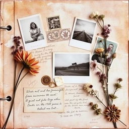 A beautifully designed scrapbook cover with an artistic collage of photographs, vintage stamps, and dried flowers, arranged in a harmonious composition