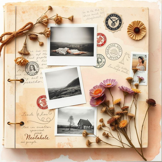 A beautifully designed scrapbook cover with an artistic collage of photographs, vintage stamps, and dried flowers, arranged in a harmonious composition