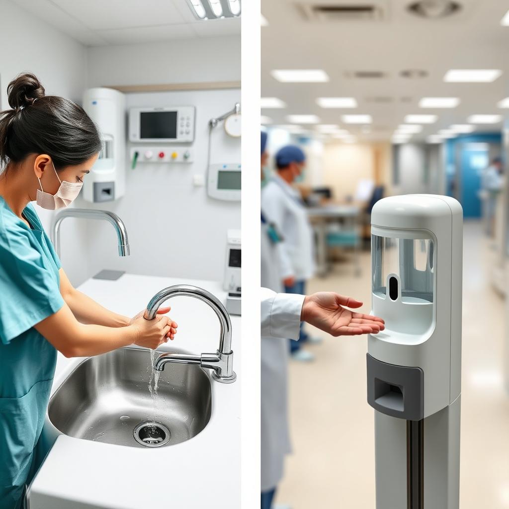 A clinical handwashing scene in a hospital setting