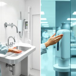 A clinical handwashing scene in a hospital setting