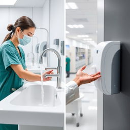 A clinical handwashing scene in a hospital setting