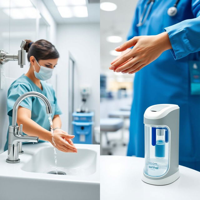 A clinical handwashing scene in a hospital setting