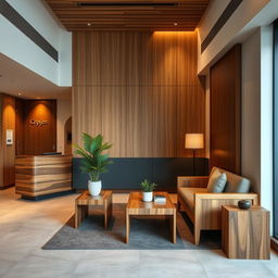 A small, modern hotel reception area designed for elegance and functionality