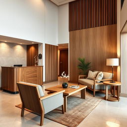 A small, modern hotel reception area designed for elegance and functionality