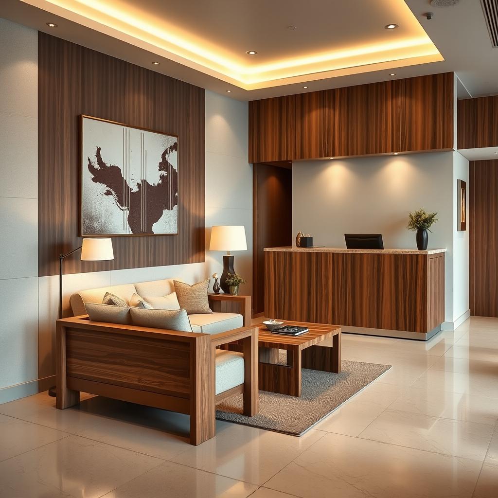 A small, modern hotel reception area designed for elegance and functionality