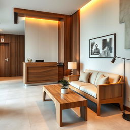 A small, modern hotel reception area designed for elegance and functionality