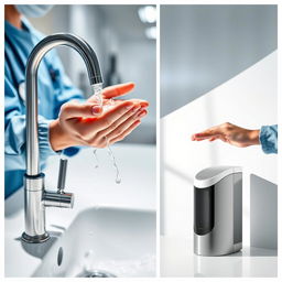 A stylish and beautifully composed image of clinical handwashing in a hospital setting