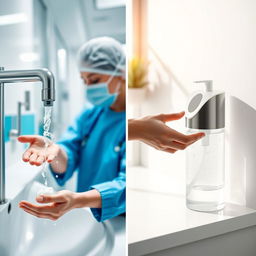 A stylish and beautifully composed image of clinical handwashing in a hospital setting