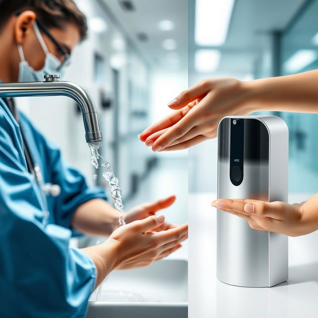 A stylish and beautifully composed image of clinical handwashing in a hospital setting