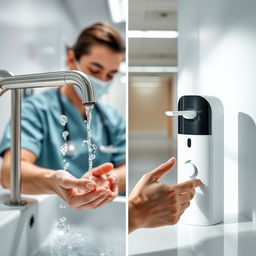 A stylish and beautifully composed image of clinical handwashing in a hospital setting