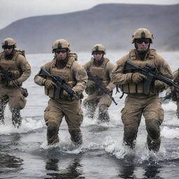 A group of United States Navy SEALs in full combat gear, performing a military operation in a challenging environment.