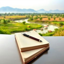 A serene and peaceful Indian landscape serves as the backdrop for a detailed plain book cover