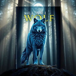 Book cover design featuring a majestic blue-furred wolf as the central figure