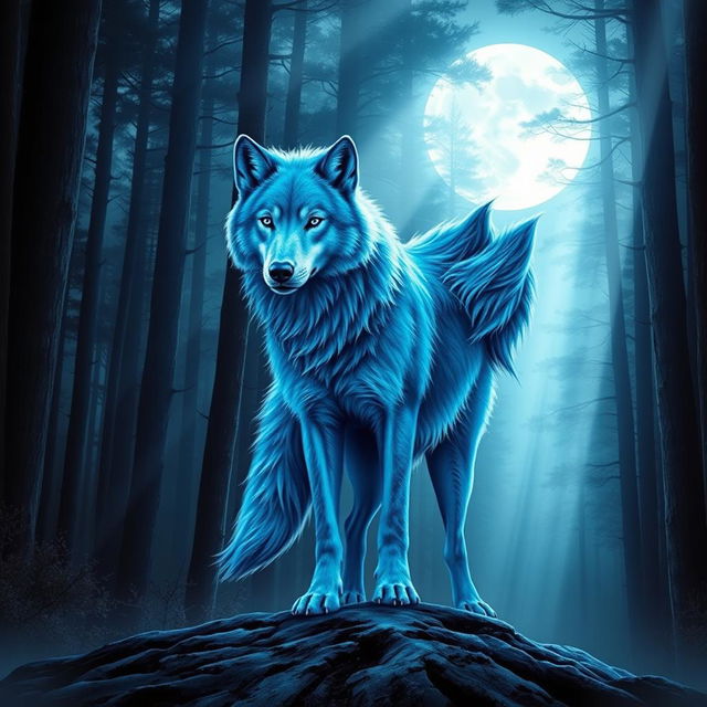 Book cover design featuring a majestic blue-furred wolf as the central figure