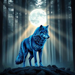 Book cover design featuring a majestic blue-furred wolf as the central figure