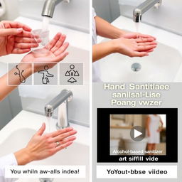 a clinical handwashing demonstration with soap and water, featuring detailed step-by-step visuals of proper handwashing techniques