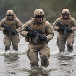 A group of United States Navy SEALs in full combat gear, performing a military operation in a challenging environment.