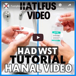 a thumbnail for a YouTube video featuring a clinical handwashing scene with soap and water on one side, showcasing detailed handwashing techniques