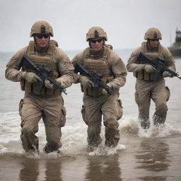 A group of United States Navy SEALs in full combat gear, performing a military operation in a challenging environment.