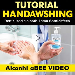 a thumbnail for a YouTube video featuring a clinical handwashing scene with soap and water on one side, showcasing detailed handwashing techniques