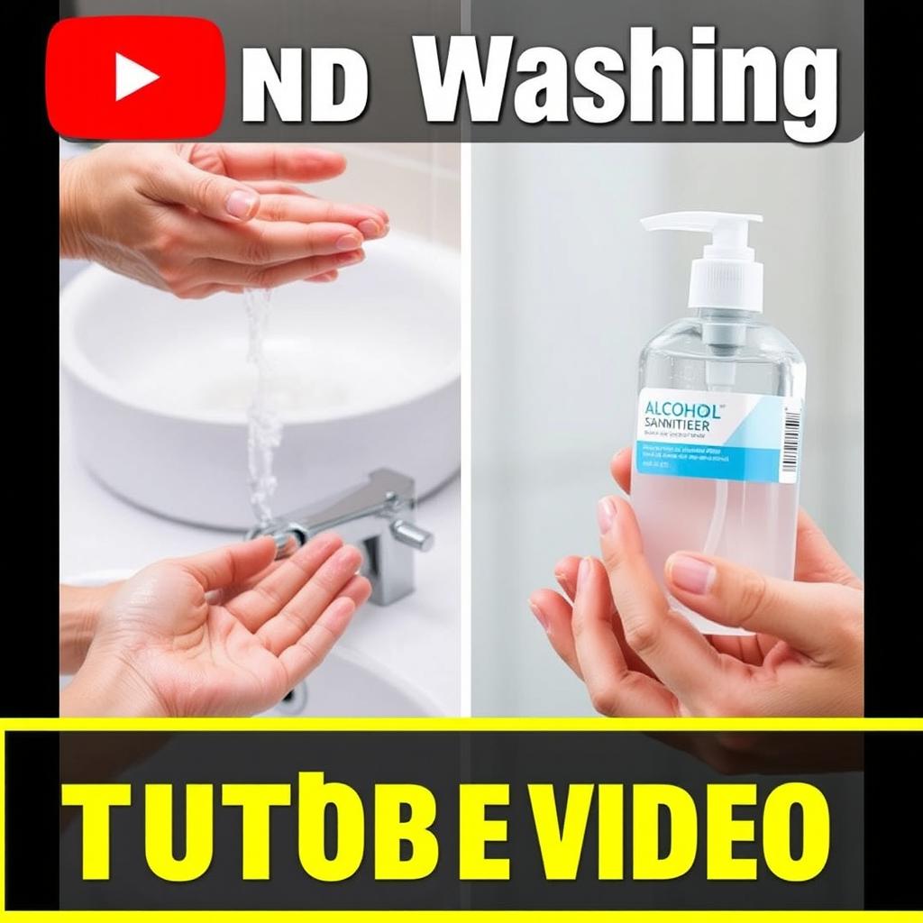 a thumbnail for a YouTube video featuring a clinical handwashing scene with soap and water on one side, showcasing detailed handwashing techniques