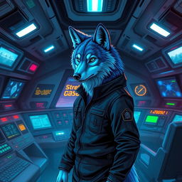 Book cover design featuring an anthropomorphic wolf with blue fur, depicted in a cyberpunk style