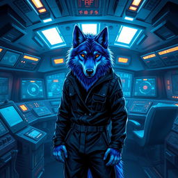 Book cover design featuring an anthropomorphic wolf with blue fur, depicted in a cyberpunk style