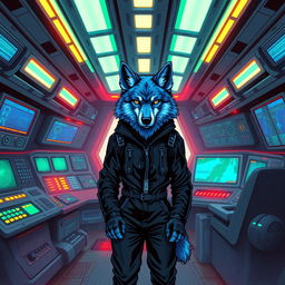 Book cover design featuring an anthropomorphic wolf with blue fur, depicted in a cyberpunk style