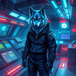 Book cover design featuring an anthropomorphic wolf with blue fur, depicted in a cyberpunk style