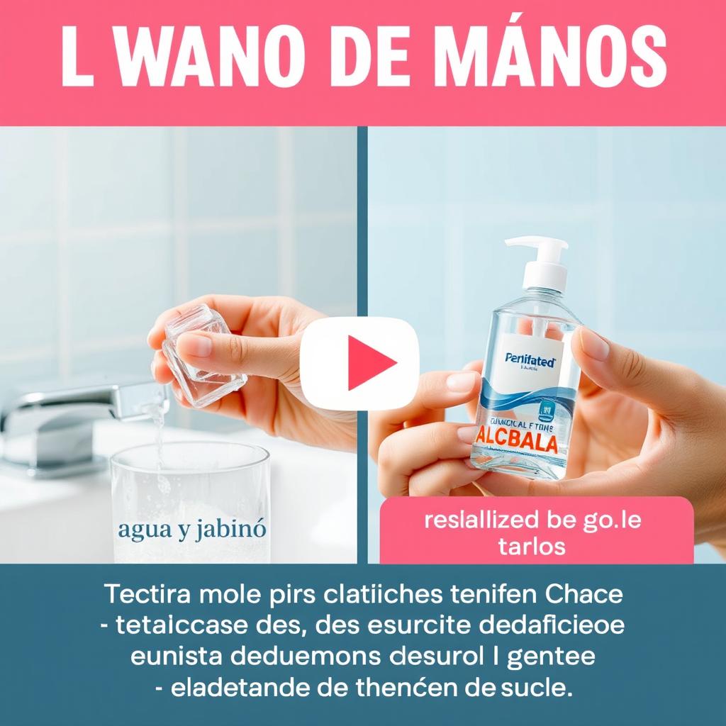 una miniatura para un video en YouTube que muestre una escena de lavado de manos clínico con agua y jabón a la izquierda, destacando técnicas detalladas de lavado de manos