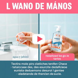 una miniatura para un video en YouTube que muestre una escena de lavado de manos clínico con agua y jabón a la izquierda, destacando técnicas detalladas de lavado de manos