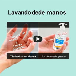 una miniatura para un video en YouTube que muestre una escena de lavado de manos clínico con agua y jabón a la izquierda, destacando técnicas detalladas de lavado de manos