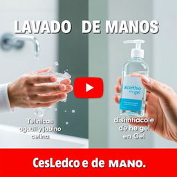 una miniatura para un video en YouTube que muestre una escena de lavado de manos clínico con agua y jabón a la izquierda, destacando técnicas detalladas de lavado de manos