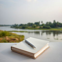 A serene and peaceful Indian river landscape as the background of a detailed plain book cover