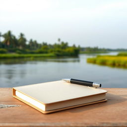 A serene and peaceful Indian river landscape as the background of a detailed plain book cover