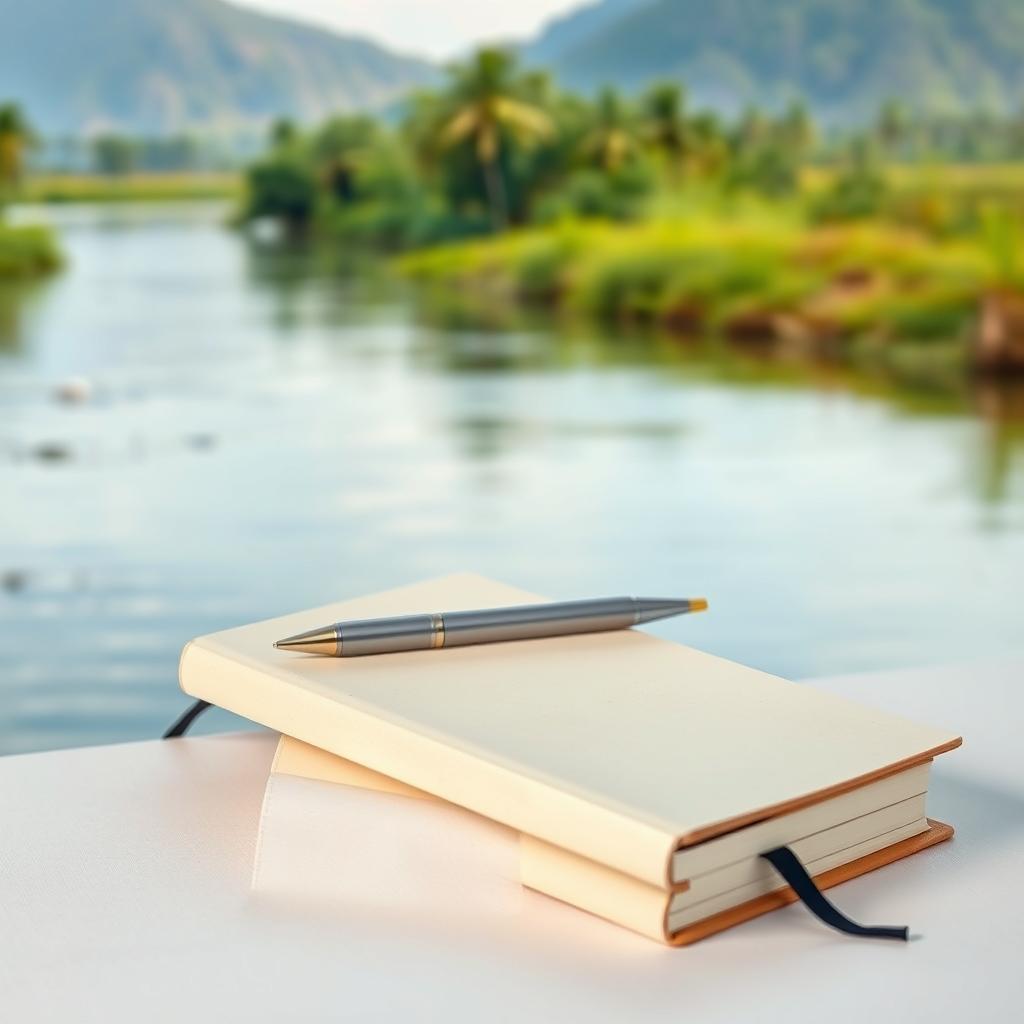 A serene and peaceful Indian river landscape as the background of a detailed plain book cover